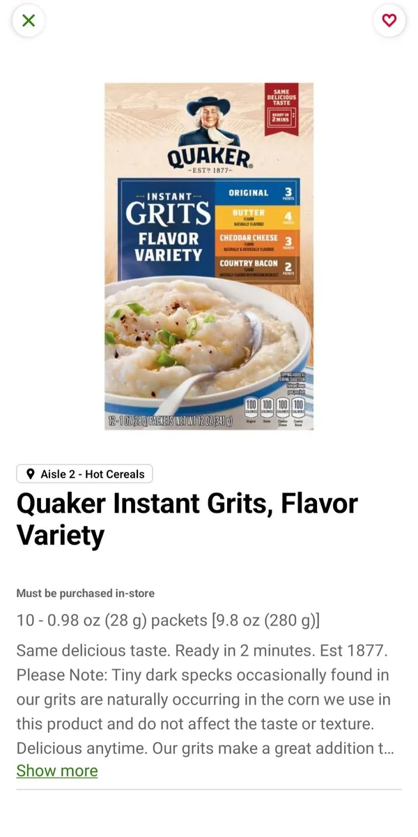 Quaker Instant Grits Variety Pack — 12ct to 10ct