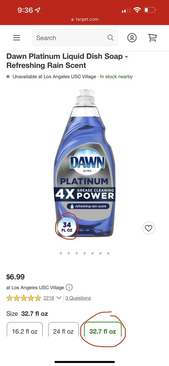 Dawn Platinum Dish Soap — 34fl oz to 32.7fl oz