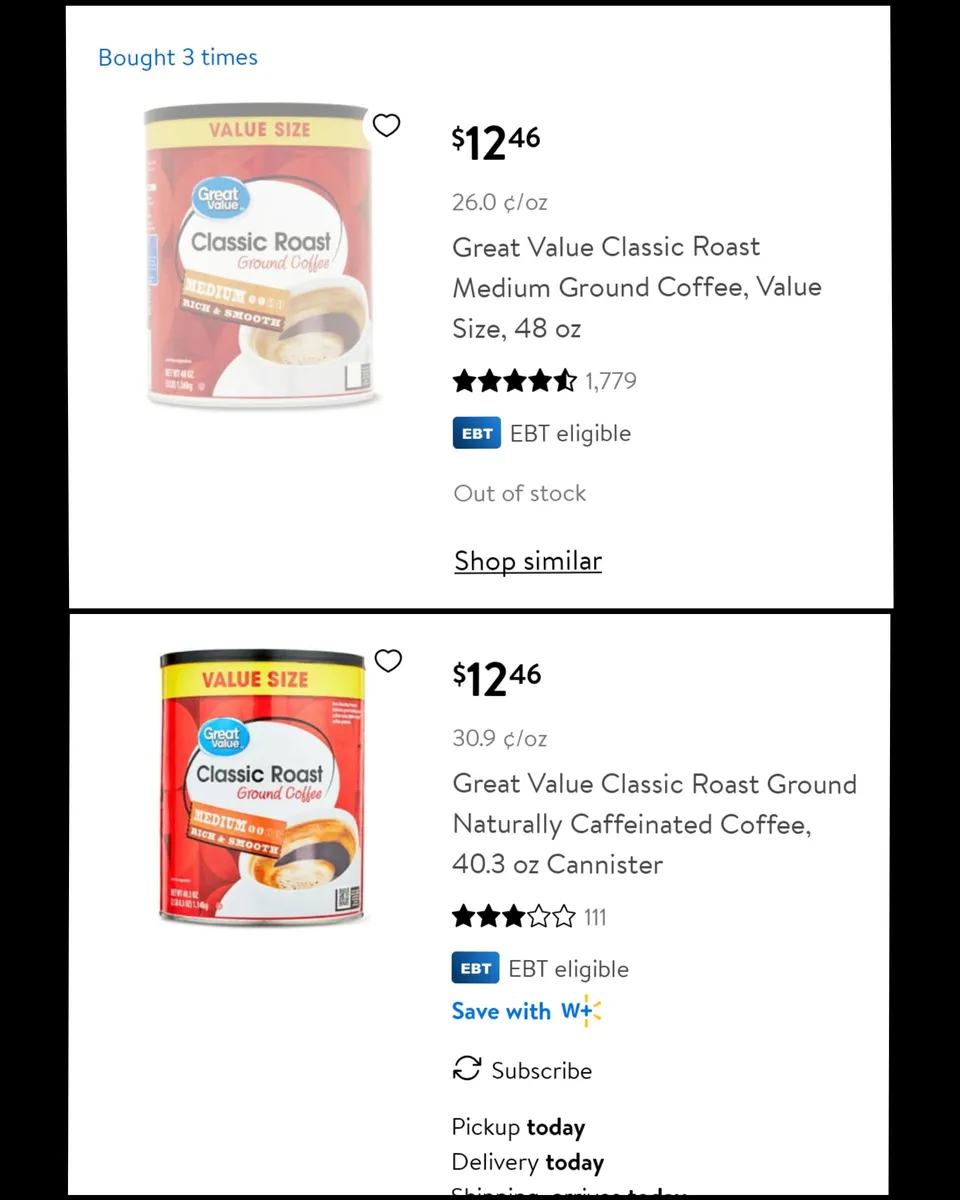 Walmart Walmart coffee — 48oz to 40.3oz