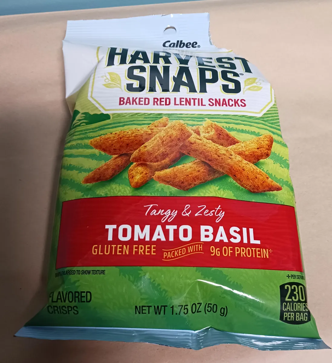 Calbee Harvest Snaps Baked Red Lentil Snacks Tomato Basil — 2oz to 1.75oz