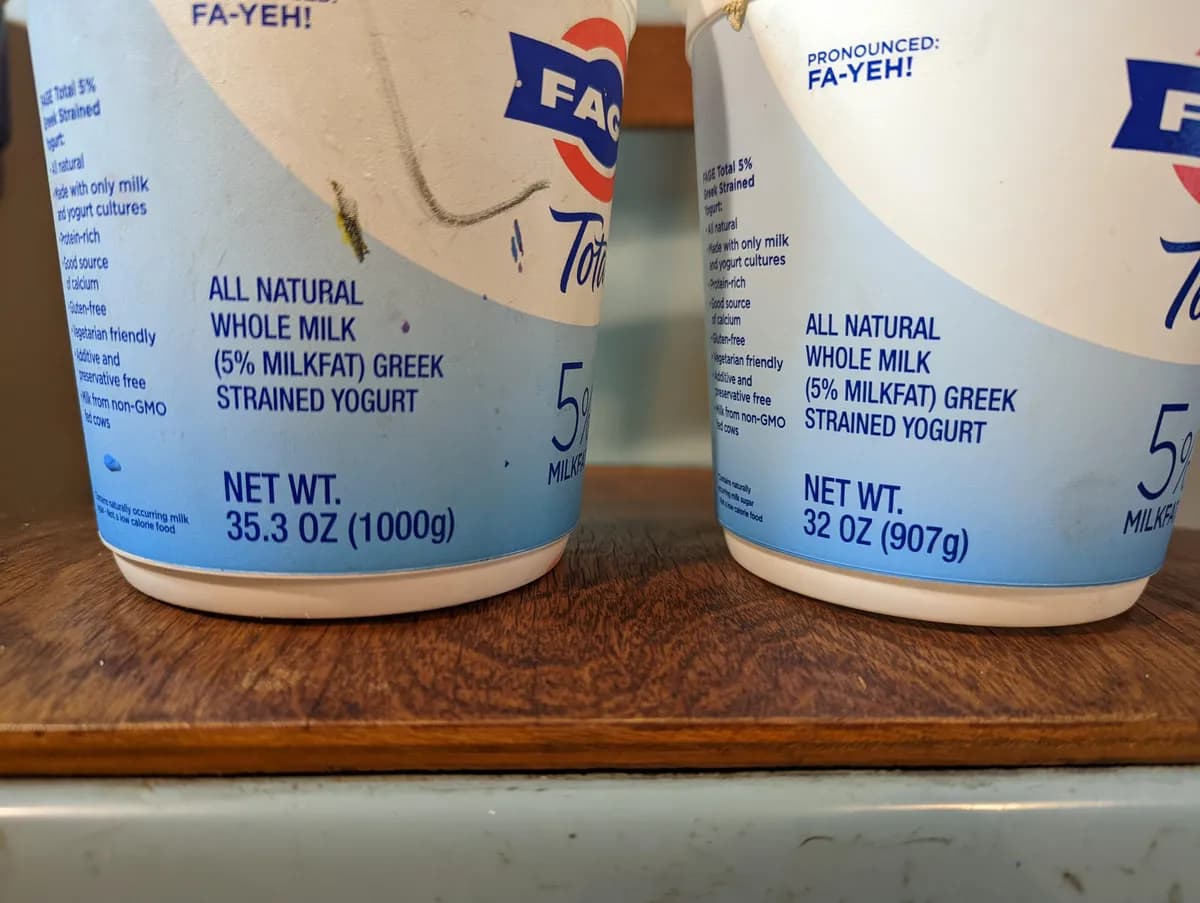 Fage yogurt — 35.3g to 32g