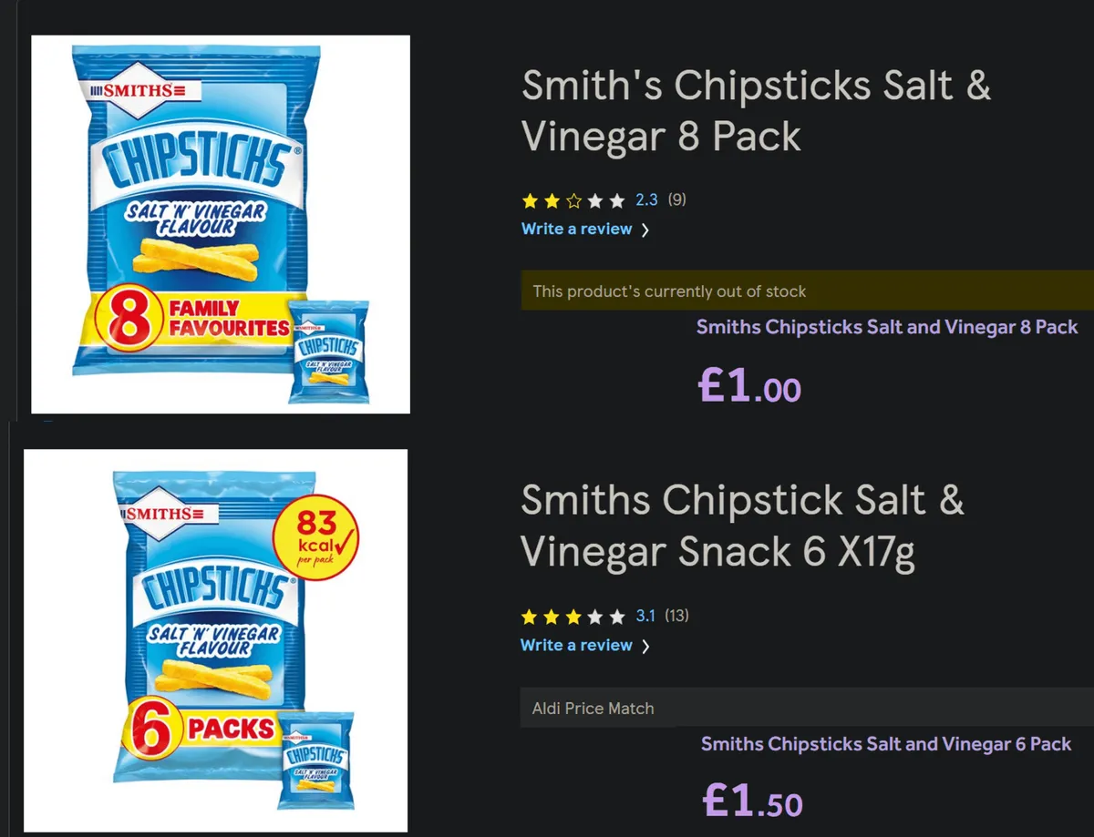Smith'S Chipsticks - Salt & Vinegar — 8ct to 6ct