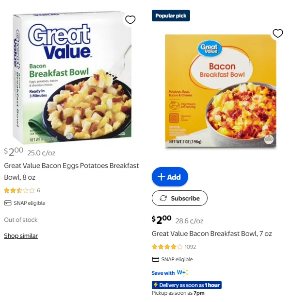 Walmart breakfast bowls — 8oz to 7oz