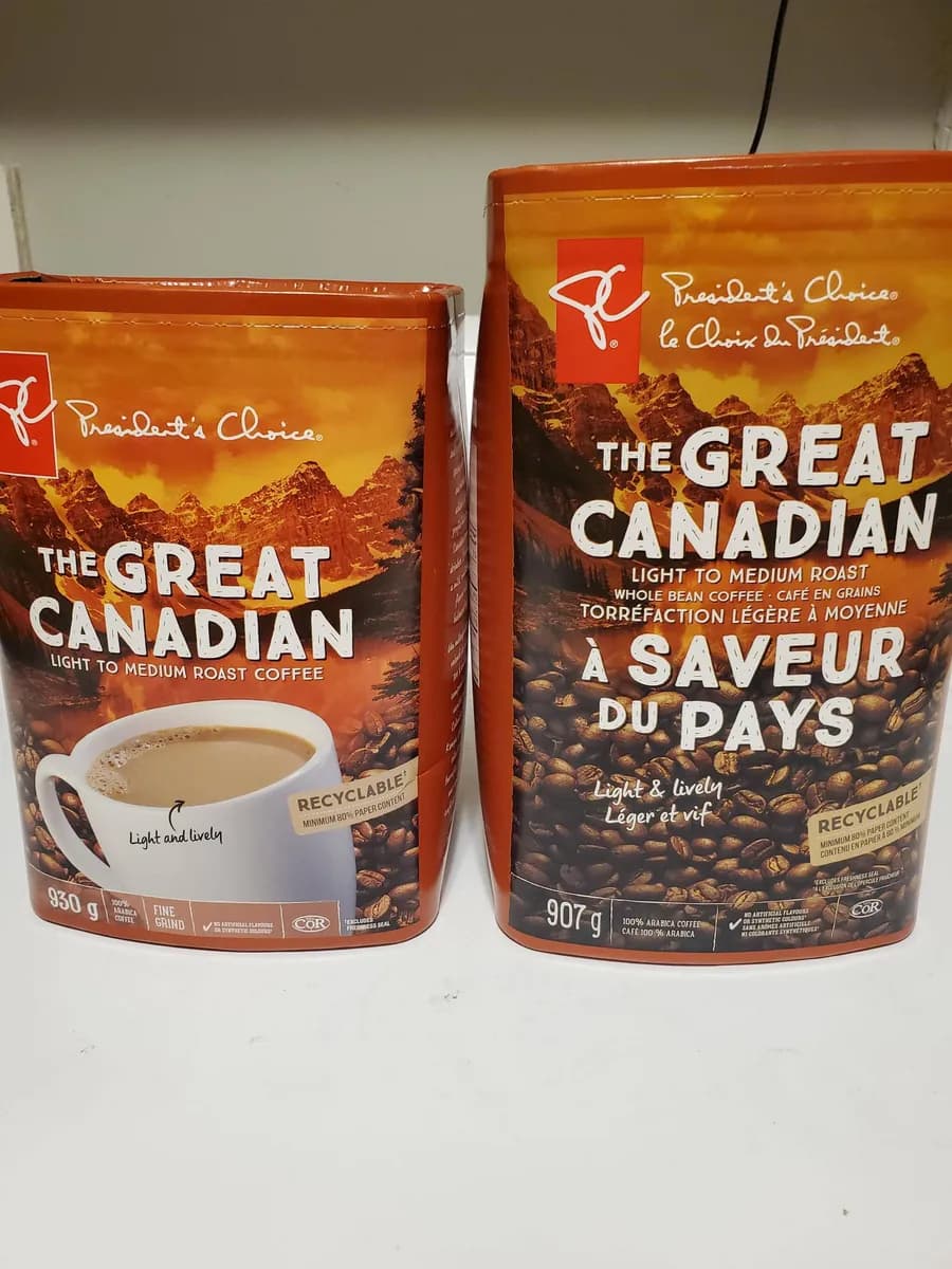 PC The Great Canadian Light to Medium Roast Coffee — 930g to 907g
