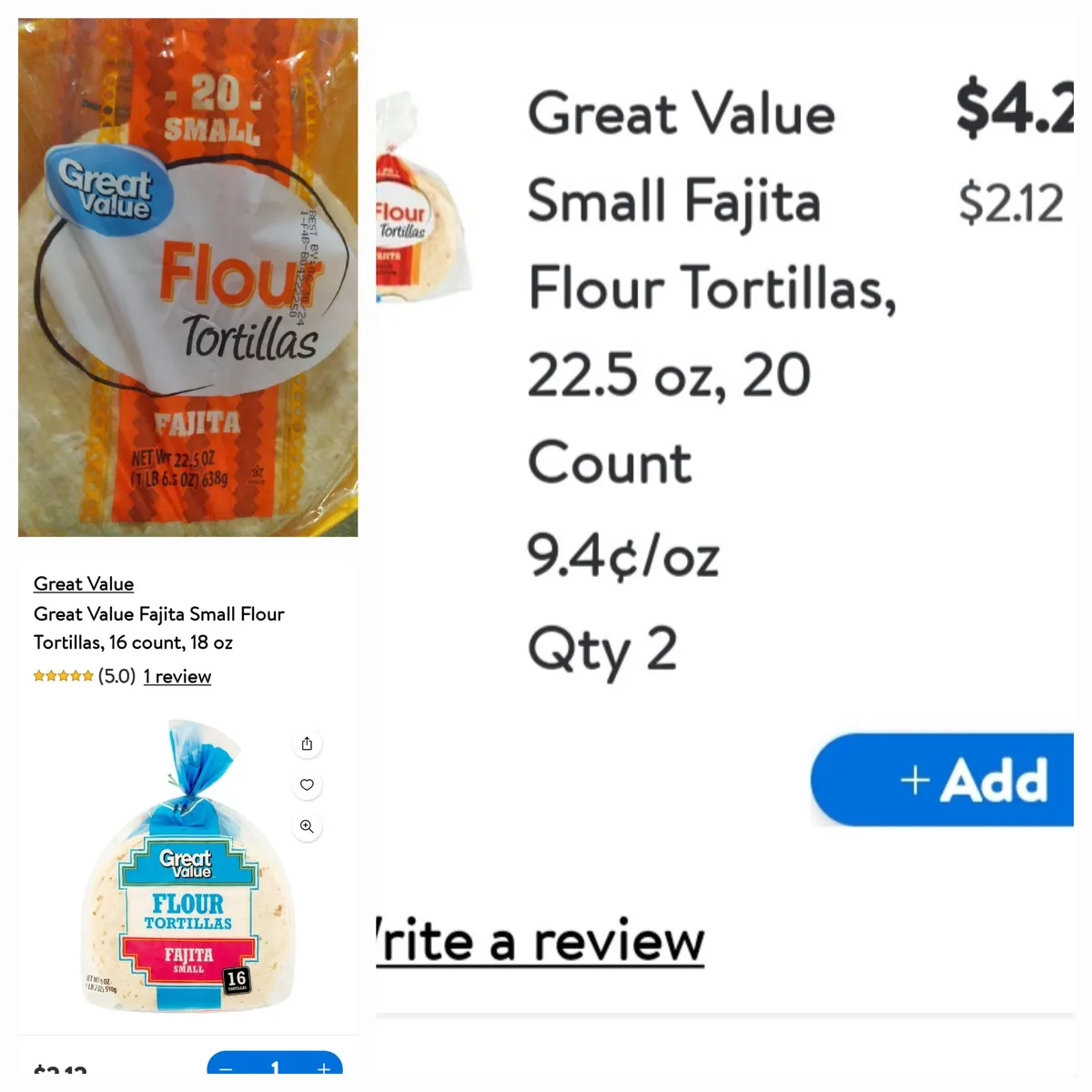 Great Value Flour Tortillas — 20ct to 16ct
