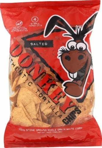 Donkey Donkey Chips Salted Authentic Tortilla Chips — 14oz to 11oz