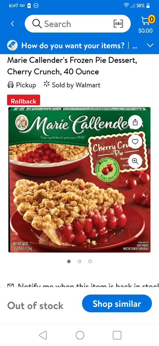 Marie Callender's cherry pie — 40oz to 36oz