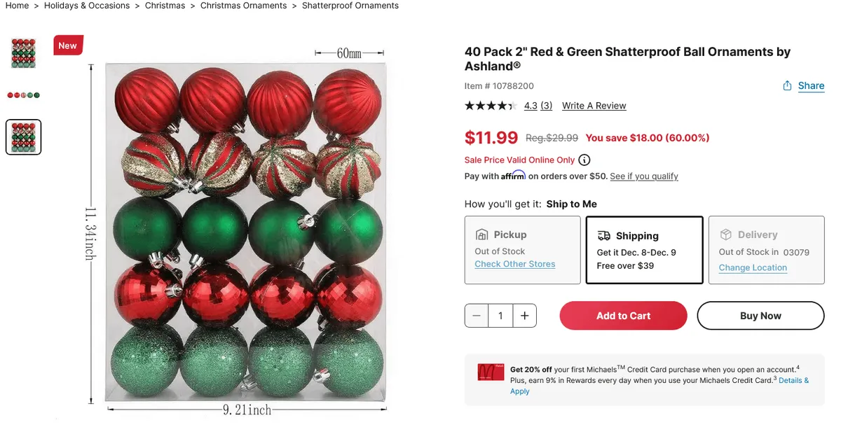 Michael's Shatterproof Christmas Ornaments — 50ct to 40ct