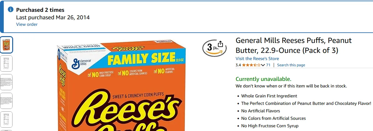 Hershey Reese's Puffs Cereal Family Size package
