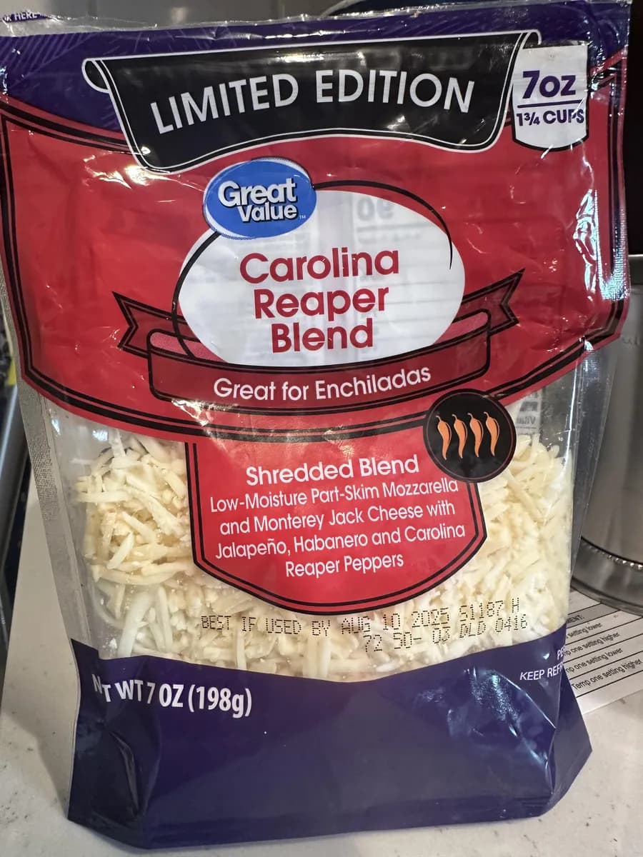 Great Value Carolina Reaper Blend Shredded Cheese package